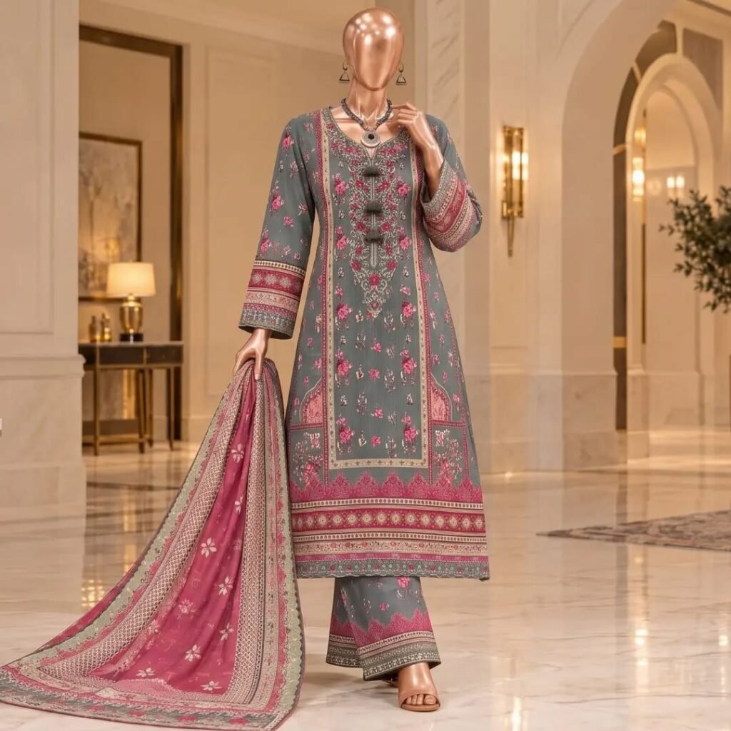 Bin Saeed Linen Viscose Embroidered 3-Piece Suit